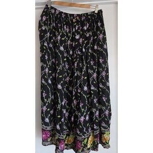VTG Liz Baker Essentials Midi Skirt M Petite Floral Boho Casual Black Pink